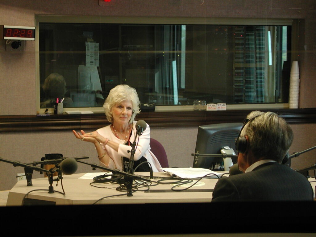 Diane Rehm talks to a guest during a live broadcast of The Diane Rehm Show.